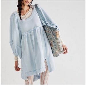Free People Small Blue Sunchild Mini Tunic Boho Western Slouchy Oversized Knit